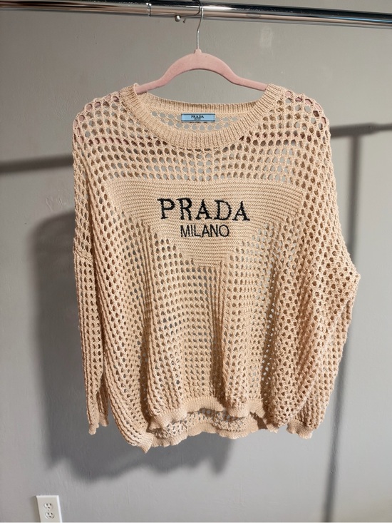 Prada Sweaters - Prada Open Knit Logo Sweater in Beige Like New
